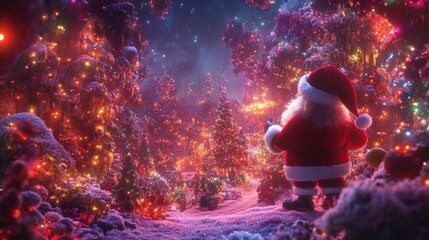 Santa Claus surrounded by glowing magical lights, casting spells to create a heartwarming holiday story, filling the night sky with joy, wonder, and festive cheer