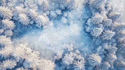 Aerial View of Frozen Tundra with Snow-Covered Trees - Winter wonderland, aerial perspective, snow-covered forest, frozen landscape, peaceful serenity.