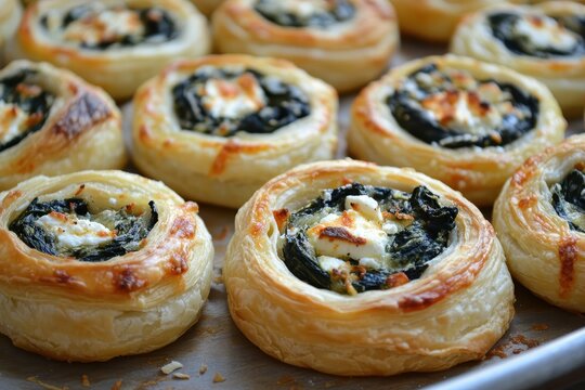 Savory homemade snack of spinach cheese feta and garlic in puff pastry pizza rolls