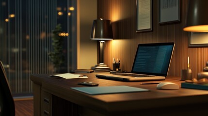 Naklejka premium Night Office Workspace 3D Illustration Laptop Coding