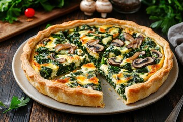 Savory pastries spinach quiche with mushrooms egg and cheese on a light plate against a dark wood surface Spinach dishes Snack pies French rustic cuisine