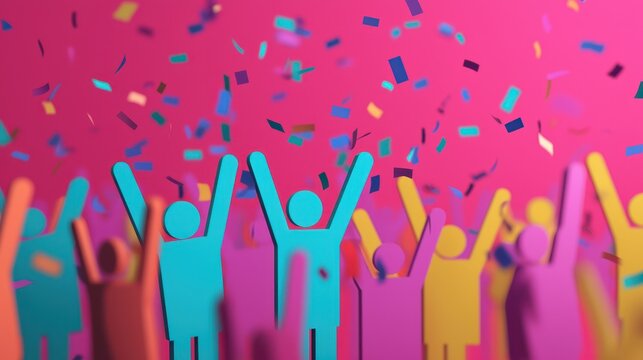 Colorful Celebration of a Virtual Team Event with Confetti and 3D Paper Cutout People Against a Vibrant Background