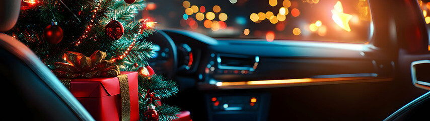 Decorated Christmas tree with gifts inside a car standing on a passanger seat. Concept of Christmas celebration during travel and holiday.