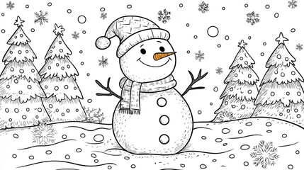 Coloring page of Charming Winter Snowman Surrounded by Trees and Snowflakes in a Hand-Drawn Illustration Style, Perfect for Holiday Themes and Seasonal Designs