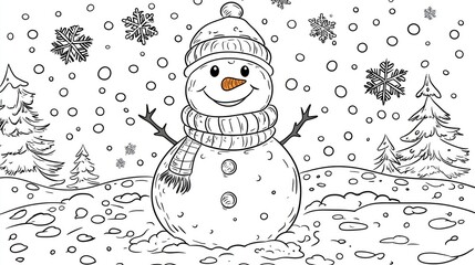 Coloring page of Charming Snowman in a Winter Wonderland Surrounded by Snowflakes and Trees, Perfect for Celebrating the Joy of Winter and the Holiday Season