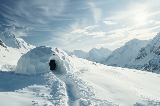 Isolated igloo hut on snowy mountain in beautiful winter scenery