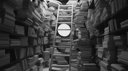 Futuristic monochrome scene of a ladder positioned among towering piles of books, illuminated by a circular window, showcasing a sleek modern design.