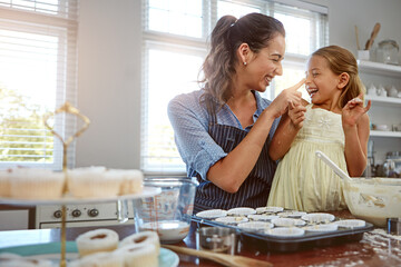 Bake, playing or laughing with mom, girl or humor for bonding or learning dessert recipe. Flour,...