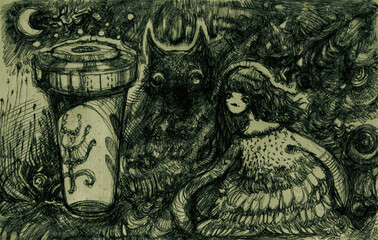 Pencil-drawn abstract artwork with eerie fairies and unique creatures in a dark, mystical style. Ideal for backgrounds or fantasy-themed covers.