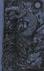 Abstract pencil illustration featuring dark fantasy elements, mysterious fairies, strange creatures, and a dragon. Perfect for gothic covers or backgrounds.