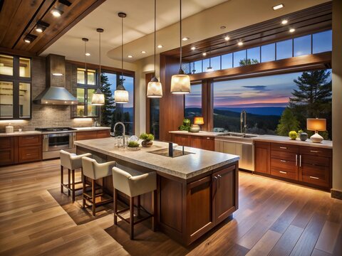 Modern Luxury Kitchen with Elegant Wood Cabinetry and Expansive Floor-to-Ceiling Windows Bathed in Warm Low Light for an Inviting Atmosphere