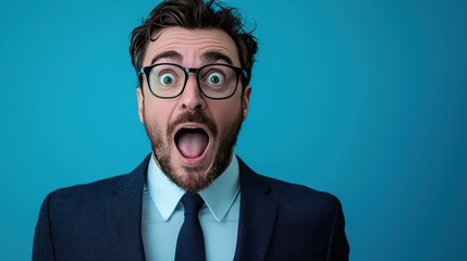 Surprised Businessman in Suit with Blue Background and Wide Eyes
