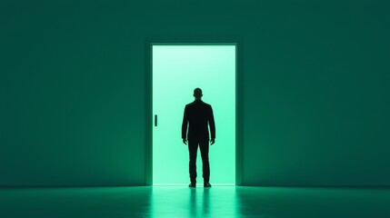 Obraz premium law restriction and litigation concept. A silhouette of a man standing before a glowing door.
