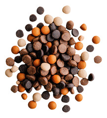 Multicolored fish pellets against a white background