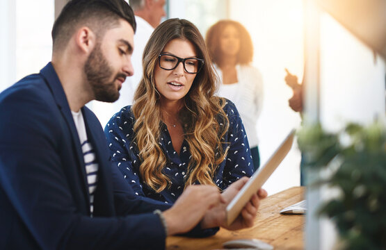 Teamwork, coaching and tablet with business people in office for planning, report and feedback. Interior designer, digital layout and client briefing with employees in agency for mentor and advice