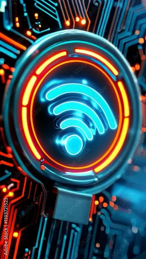 Poster glowing wifi icon on futuristic circuit board technology connectivity digital innovation vertical fo