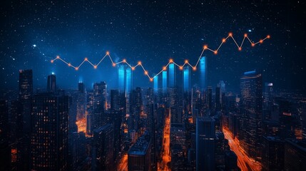 Urban skyline with financial growth graph at night under starry sky