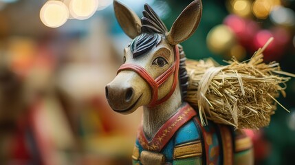Festive Decorative Donkey Figurine with Straw Bundle Wearing Colorful Blanket and Harness, Set Against a Blurred Holiday Background