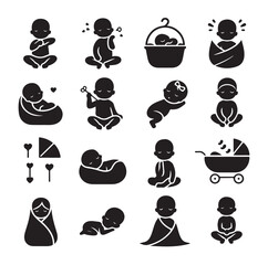 Newborn baby black set silhouette vector illustration