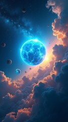 Naklejka premium Fantasy landscape of a glowing blue planet with surrounding stars