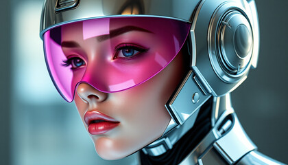 Futuristic woman with pink visor and metallic accessories, sci-fi theme