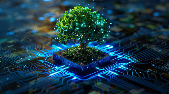 Tree growing on a digital circuit cube. Digital and technology convergence with a blue light and wireframe network background. Green computing, green technology, green IT, and CSR concept.