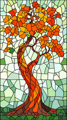 Tree of life in stained glass style, orange and green tones, symbolism