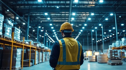 Worker in Safety Gear Observing High Tech Warehouse Environment