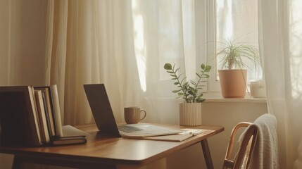 Sunlit Workspace Illustration: Laptop, Books, Plants, and Cozy Vibes