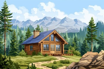 Fototapeta premium Log cabin in forest on mountain