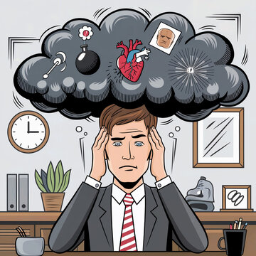 businessman with anxiety stress cloud or difficulty coping with life pressures or mental health