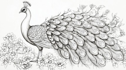 Fototapeta premium Coloring page of a Peacock Amidst Blossoming Flowers with Detailed Feather Patterns and Graceful Posture