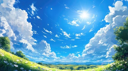 Fototapeta premium Vibrant summer landscape showcasing a bright blue sky and fluffy clouds, radiating warmth and uplifting beauty, perfect for creative inspiration.