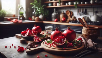 Red whole pomegranate fruits lie on the kitchen countertop
