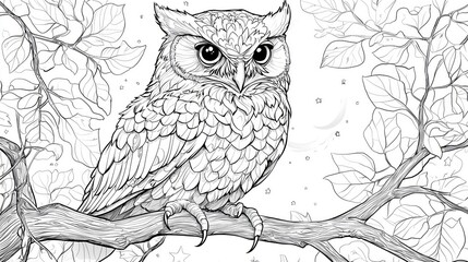 Fototapeta premium Coloring page of Majestic Owl Perched on a Branch Surrounded by Leaves, Ideal for Colorful Artistic Projects and Relaxing Coloring Activities