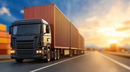 Freight transportation, truck delivering cargo container on highway road network