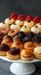 Assorted cream-filled pastries on a cake stand.