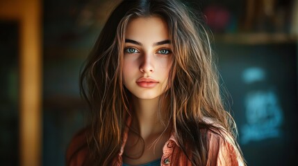 Fototapeta premium Young Woman with Long Hair and Captivating Blue Eyes in Natural Light