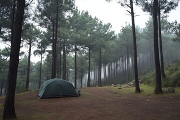 Camping Tent in Misty Pine Forest - Serene camping scene, tent nestled amongst tall pine trees in a misty forest, evoking peace, adventure, nature, escape, and tranquility.