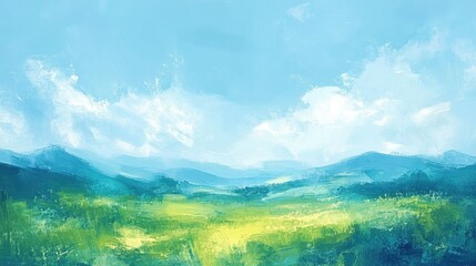 Soft abstract landscape depicting a serene sky with blurred brush strokes, emphasizing sunlight and the vibrant hues of a spring day.