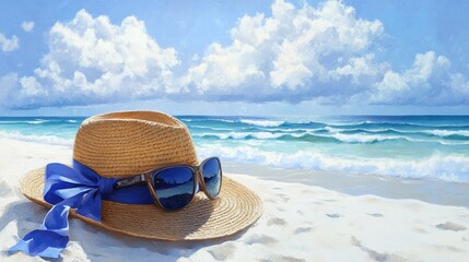 Straw hat with a blue ribbon and sunglasses resting on sandy beach, capturing the essence of a breezy seaside day under a bright sky.