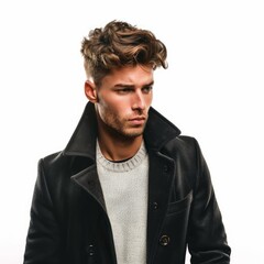 Handsome male model wearing black coat posing on white background