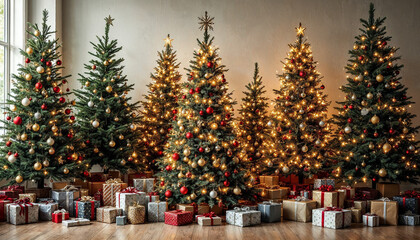 A festive display of decorated Christmas trees with gifts and bright ornaments.