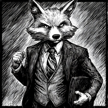 A fox businessman in a suit and tie, holding a briefcase and exuding confidence. The scratchboard engraving highlights the sharp and stylish details in black-and-white.