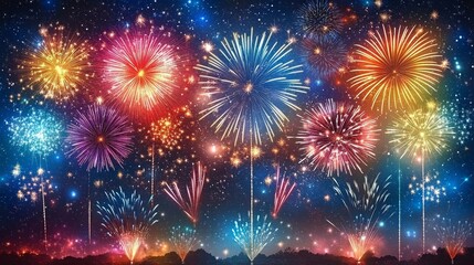 A Stunning Display of Colorful Fireworks Against a Starry Night Sky in Celebration