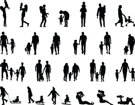 Silhouettes of families at walking and game 
