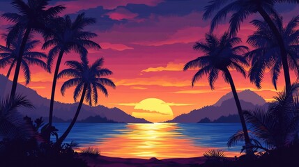 Idyllic beach sunset with silhouetted palm trees framing a vibrant sky, perfect for relaxation and escape into nature's beauty.