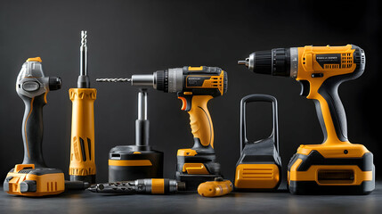 Collection of Yellow and Black Power Tools, Drills, Drivers, and Accessories Arranged on a Dark Background
