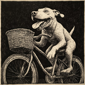 A dog riding a bicycle with a basket, its tongue hanging out in joy as it balances humorously on the seat. The scratchboard engraving captures the playful energy in detailed black-and-white textures.