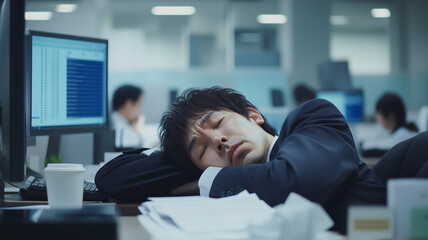 長時間労働で疲れ切ったビジネスマンの休憩